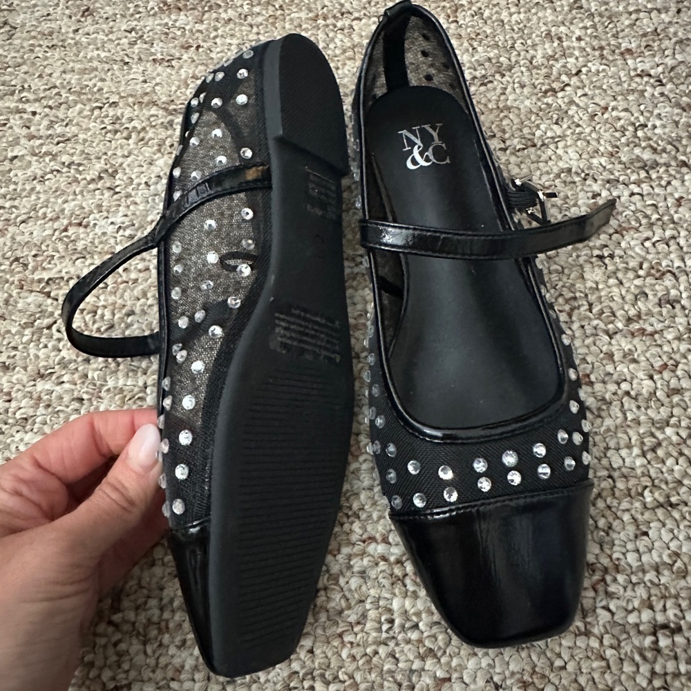 NY&C Black Mary Jane Flats with Rhinestones